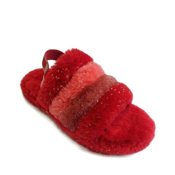 UGG Shoes - UGG Womens Size 6 Fluff Yeah Metallic Sparkle Slide Backstrap Slippers Red Multi